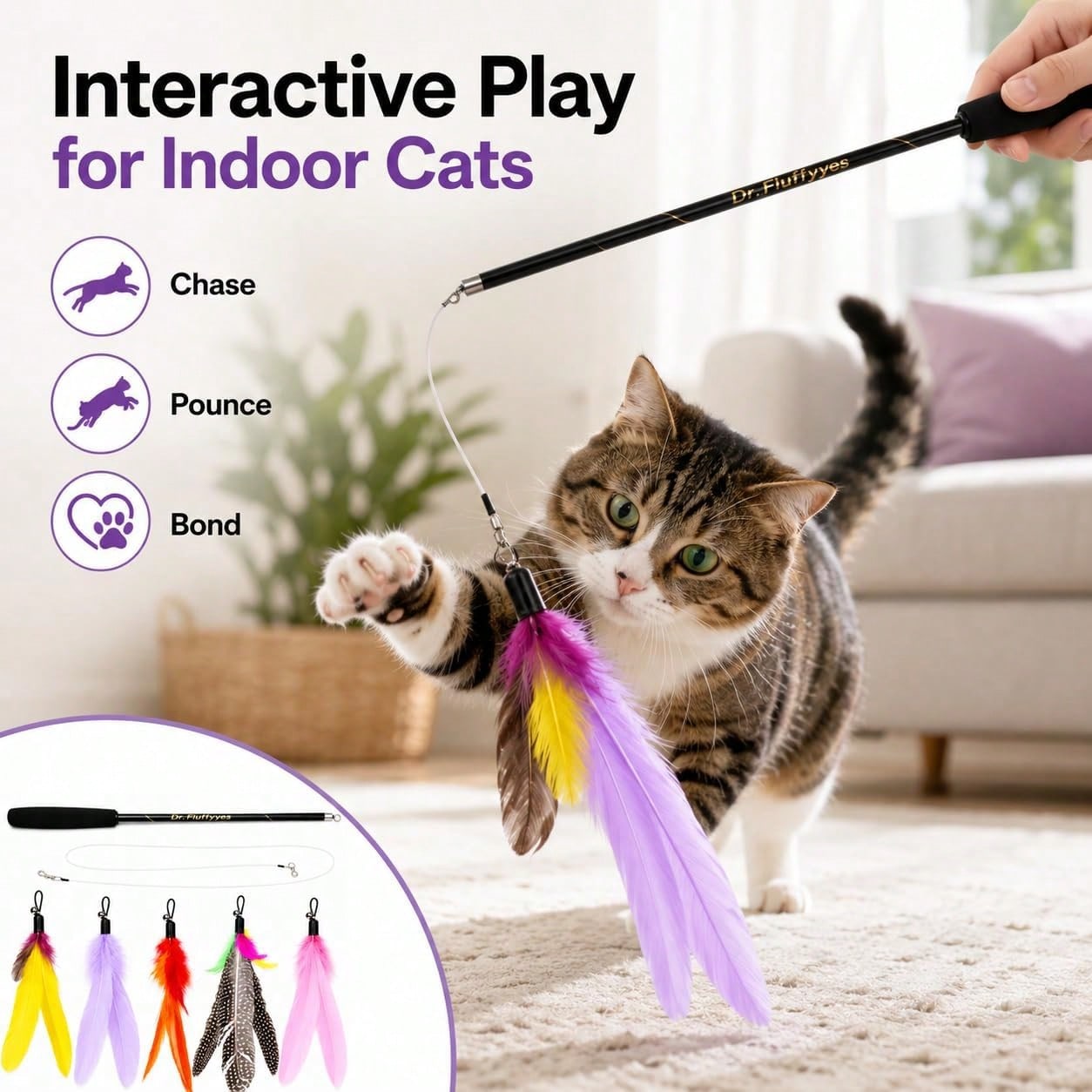 Cat Wand Toy With 5 Feather At - Interactive Cat Toy 评论和价格